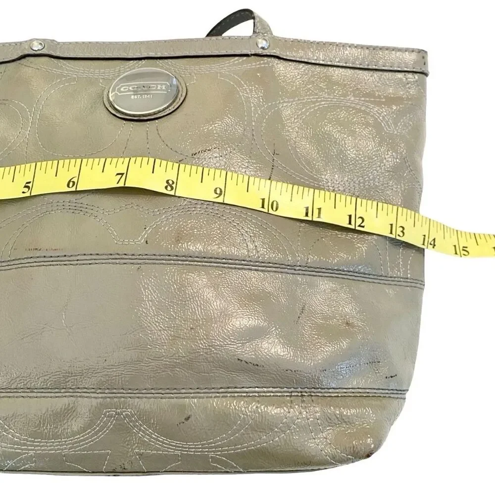 Coach Signature Stripe Patent Leather Tote Shoulder Bag Taupe Grey F15142